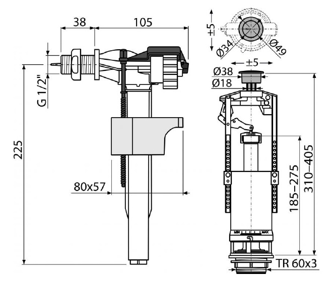 Комплект арматуры для бачка боковой подвод, стоп кнопка Alcaplast ...